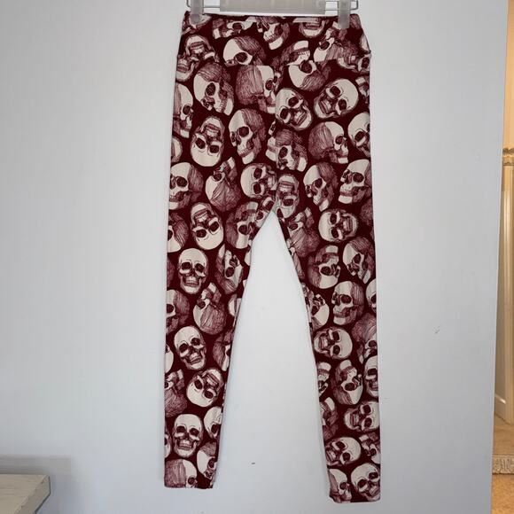 Lularoe Womens Skull Leggings One Size Buttery Soft Stretch Burgundy Halloween - Picture 1 of 8